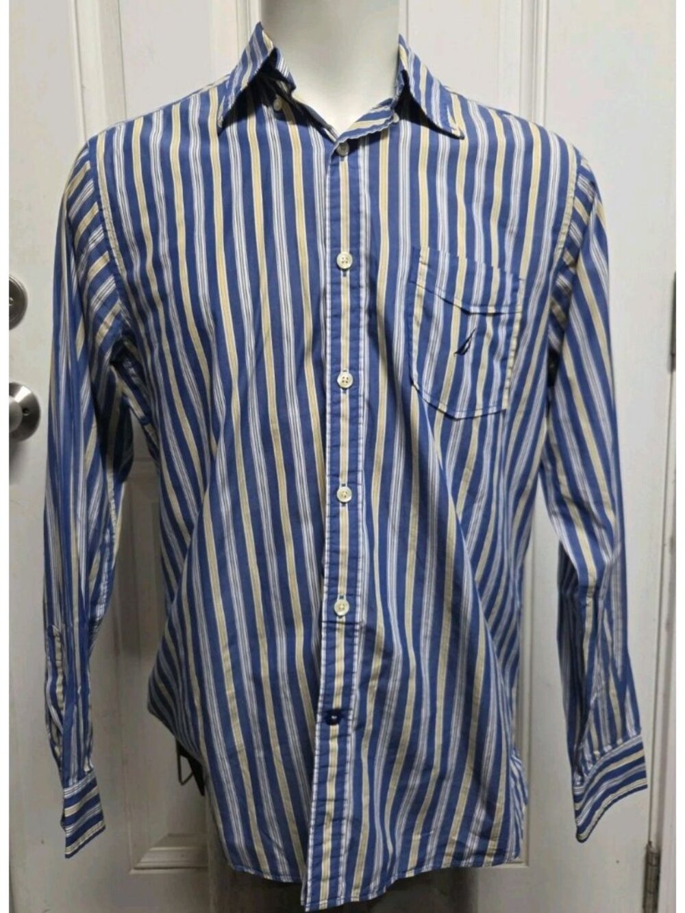 Nautica Men Long Sleeve Shirt Button Up Blue Yellow Striped Size M
